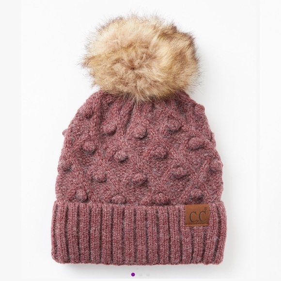 C.C Accessories - Bobble Knit Fur Pom C.C Beanie Hat Wine Mix NEW